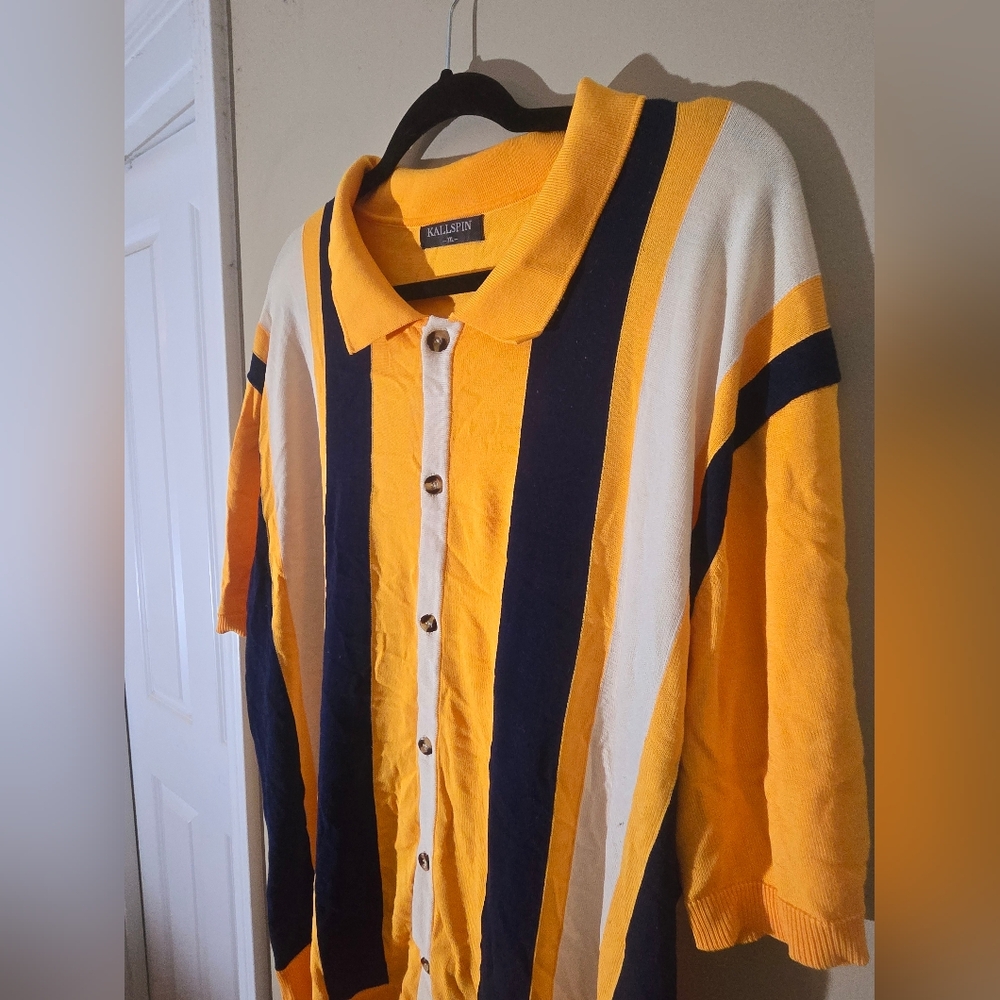 Stylish Men's Striped Shirt - Yellow, Navy, and White